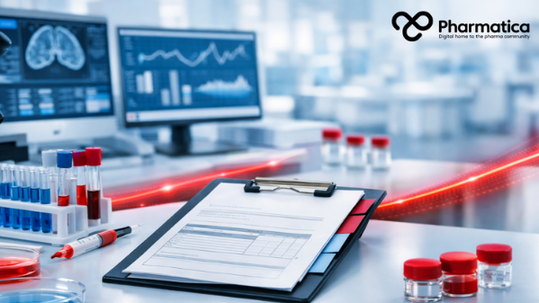 Clinical research laboratory featuring a Master Protocol document, laboratory samples, and digital analytics, representing clinical trial efficiency for precision medicine research under the FDA Master Protocol guidance.
