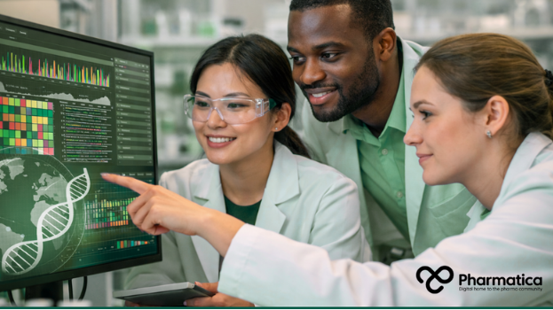Scientists analysing diverse genomic datasets to support genomic equity, AI-driven drug discovery, and precision medicine in pharmaceutical research.
