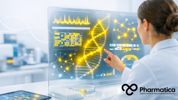 Pharmatica image showing a clinical geneticist using LLM-assisted rare disease diagnosis tools to analyse genome sequencing data and generate evidence-based diagnostic hypotheses for precision medicine.