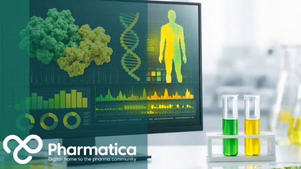 High‑resolution laboratory data visualisation screen showing molecular structures, DNA helix, and genomic charts in green and sunshine yellow against a clean white background, symbolising precision medicine and advanced drug discovery.