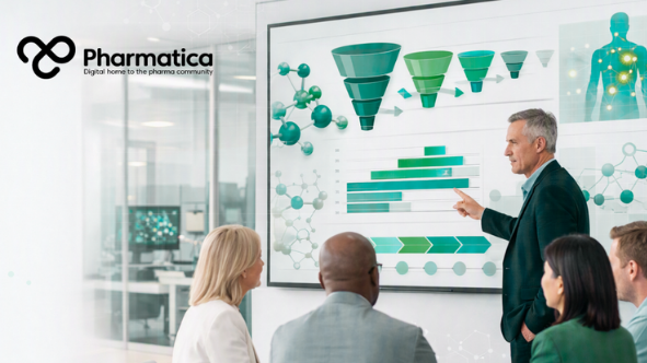 Pharmatica image showing a pharmaceutical R&D portfolio management meeting reviewing drug discovery pipeline progression, translational science, and pharmaceutical R&D success rates using evidence-based portfolio strategy.
