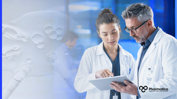 Pharmatica image showing two clinical researchers in white laboratory coats reviewing trial data on a digital tablet in a modern pharmaceutical research environment. The background shows laboratory equipment and translucent scientific graphics, symbolising adaptive clinical trial design, evidence‑driven decision‑making, and digital data integration in clinical development.