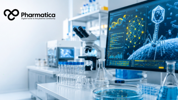 Pharmatica image of AI-designed bacteriophage research in a biotech laboratory showing genome analysis, AI genome design, and phage development.