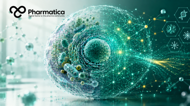 Pharmatica image of an AI-driven digital organism concept showing a realistic human cell connected to computational data pathways for virtual biology and drug discovery.