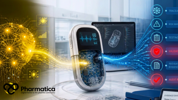 Pharmatica image of regulated AI connecting medical device software development, validation, traceability, and regulatory compliance.