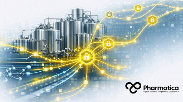 Pharmatica image of a realistic pharmaceutical manufacturing environment featuring interconnected stainless‑steel bioreactors and tanks linked by glowing yellow blockchain data pathways and hexagonal nodes with padlock icons, symbolising secure data integrity, traceability, and AI‑driven innovation in pharma manufacturing.
