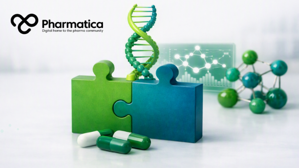 Pharmatica realistic representation of collaboration in drug discovery showing interlocking green and blue puzzle pieces with a DNA helix emerging from their center, capsules in front, a glowing molecular data screen behind, and a 3D molecular model to the right on a bright white background.