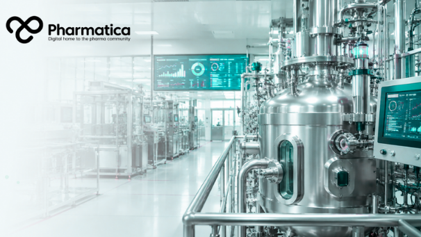 Pharmatica photorealistic image of a modern pharmaceutical manufacturing facility with stainless steel production equipment and digital quality monitoring systems supporting continuous improvement. 