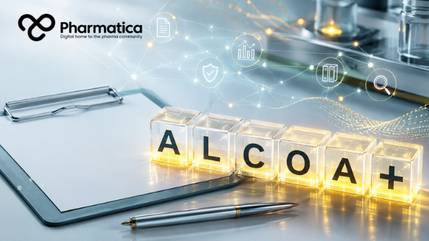 Pharmatica image representing ALCOA+ data integrity principles for pharmaceutical manufacturing and life sciences documentation, shown with glowing data connections.
