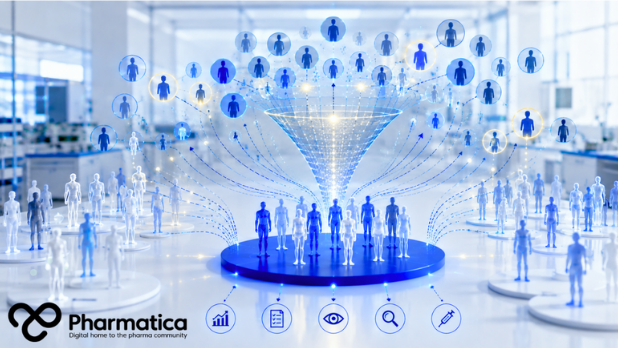 Pharmatica image representing enriched clinical trial design showing selected patient cohorts, clinical research data, and connected trial pathways.