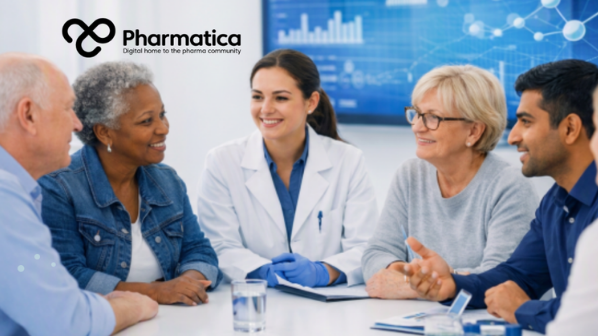 Pharmatica image representing public and patient involvement in clinical trials. Shows a diverse group of clinical trial participants and researchers engaged in collaborative discussion around a bright white table in a modern research environment. A female doctor in a white lab coat leads the conversation, surrounded by older and younger participants of different ethnic backgrounds. Digital screens in the background display molecular structures and clinical data in blue tones, symbolising transparency.