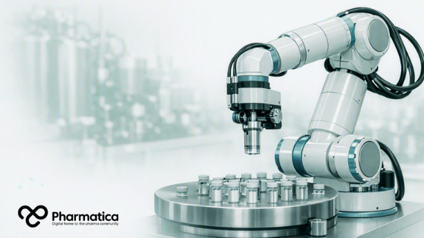 Pharmatica image for robotics in pharmaceutical manufacturing showing automated GMP equipment, sensors, and connected manufacturing data in a clean production environment.