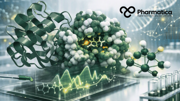 Pharmatica image for q-CAR drug discovery showing dynamic protein conformations, ligand binding, and AI-driven molecular analysis.