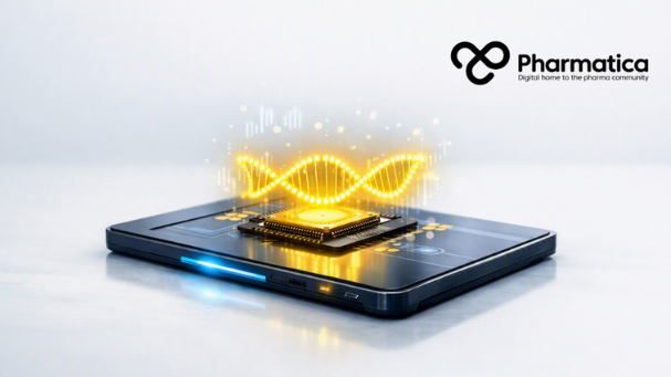 Realistic Pharmatica image of an RNA biosensor device with glowing yellow RNA helix on microchip, symbolising advanced molecular diagnostics, AI‑powered diabetes monitoring, and precision digital healthcare.