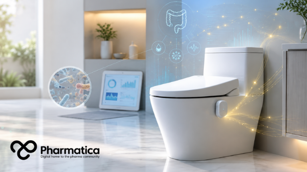 Pharmatica image of an AI-powered smart sensor for passive health monitoring, showing gut health and connected digital health data.