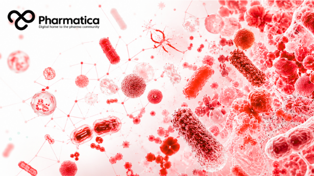 Pharmatica image of abstract red microbial imagery on a soft white background, representing microbiome-based medicinal product UK regulation.