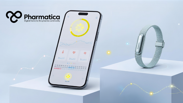 Pharmatica image that represents a WHOOP wearable and Natural Cycles smartphone app, illustrating wearable health data, women's health monitoring, and digital health technology.