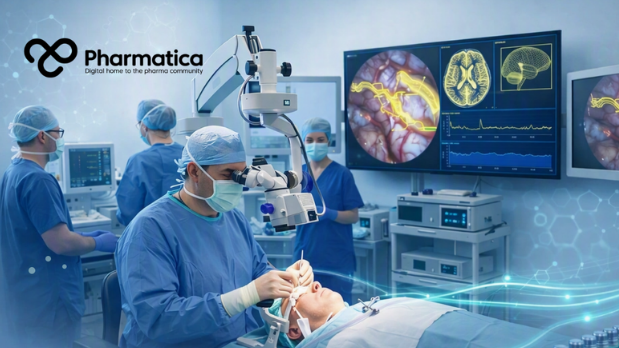 Pharmatica photo‑realistic image of an operating theatre showing surgeons performing AI‑assisted brain surgery under bright ambient light, with monitors displaying glowing yellow neural pathways and blue data overlays, representing real‑time computer vision guidance and surgical precision.