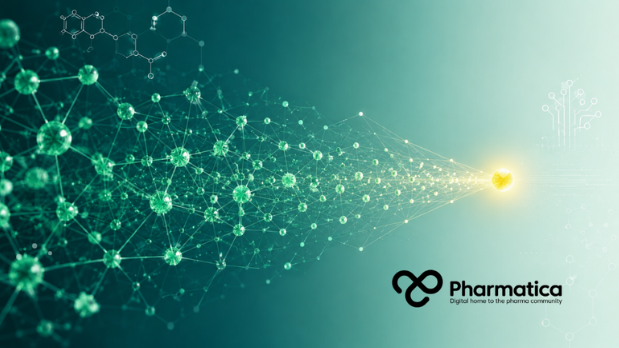 Pharmatica image showing dense green data nodes that converge on one illuminated point, symbolising AI in drug discovery.