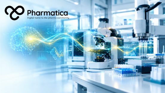 Pharmatica image of an AI-directed biology research environment connecting computational intelligence with a physical laboratory.