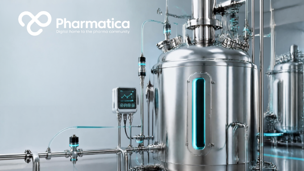 Pharmatica image of a pharmaceutical bioprocessing facility with stainless-steel bioreactors, process sensors, and connected digital manufacturing systems.