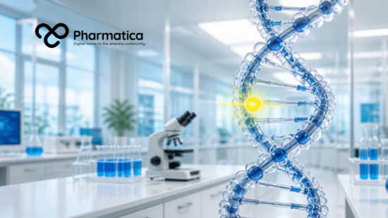 Pharmatica image showing a glowing yellow AI light tracing a blue DNA double helix through bacteriophage viruses, representing Claude&rsquo;s search for a CRISPR-like enzyme system.