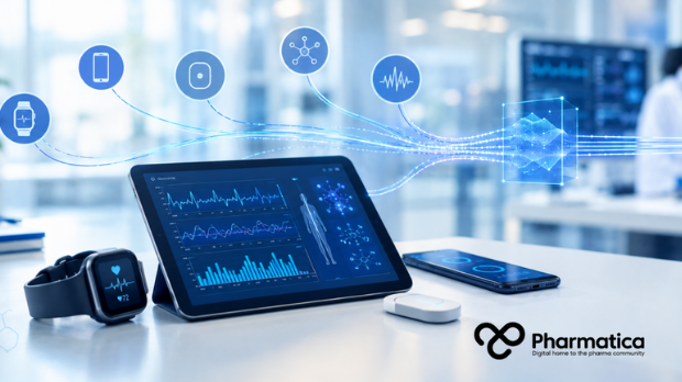 Pharmatica image of digital health technologies collecting clinical trial data for drug development.