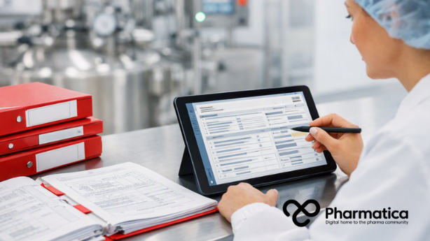 Pharmatica image of a quality professional reviewing AI-assisted CGMP documentation in a pharmaceutical manufacturing environment.