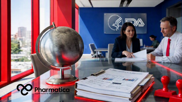 Pharmatica photo‑realistic representation of an FDA office interior showing two professionals reviewing clinical trial documents at a glass table with a metallic globe, vivid red window panels, and a frosted glass FDA logo on the blue wall, symbolising global clinical development, regulatory oversight, and data integrity.