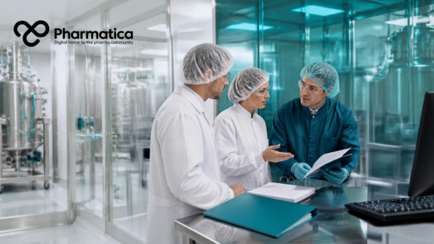 Pharmatica image of a pharmaceutical GMP inspection team reviewing manufacturing operations, quality records, and regulatory compliance in a modern facility.