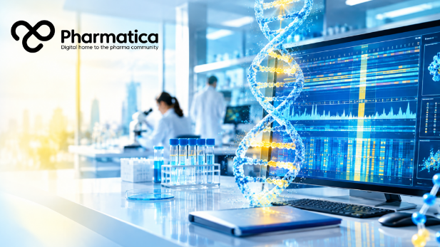 Pharmatica image representing the AlphaGenome Atlas genomic AI map with single-nucleotide variant prediction across the human genome.