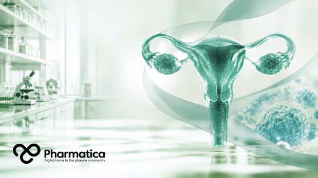 Pharmatica image of a medical laboratory background featuring a 3D medical illustration of the female reproductive system with glowing ovaries and uterus, representing gynaecological cancer pharma research.