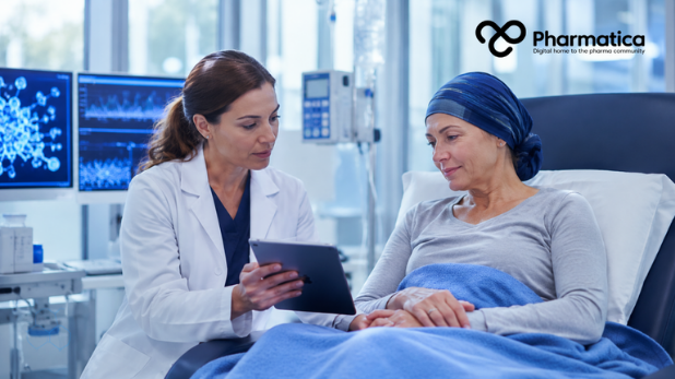 Pharmatica photo‑realistic editorial image of a healthcare professional discussing clinical data with a patient in a modern hospital setting, symbolising compassionate care and digital innovation in gynaecological oncology trials and clinical development.