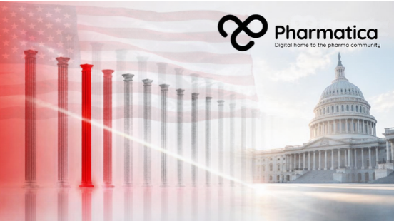 Pharmatica image of a receding row of pale columns with one highlighted in vivid red, symbolising scrutiny at the new FDA Commissioner&rsquo;s confirmation hearing.