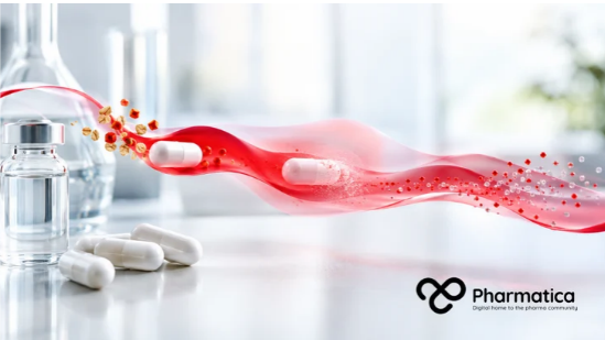 Pharmatica image of a bright pharmaceutical laboratory bench with glass vials and a soft red ribbon, representing ICH M12 drug interaction studies and the EMA gastrointestinal guideline.