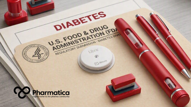 Pharmatica editorial close‑up of FDA regulatory submission materials for diabetes devices, featuring a Libre glucose sensor, red insulin pen, and red office stamps and pens on a beige folder labeled, &lsquo;U.S. Food & Drug Administration (FDA) &ndash; Regulatory Submission Diabetes Division,&rsquo; representing medical‑device approval and diabetes‑management technology.