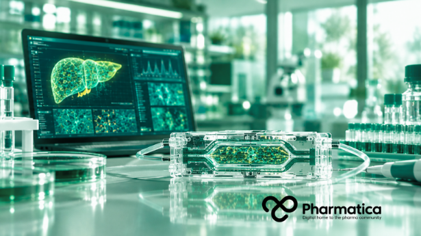 Pharmatica image of a human liver-chip platform used for liver-chip drug discovery and preclinical drug toxicity assessment in a pharmaceutical laboratory.