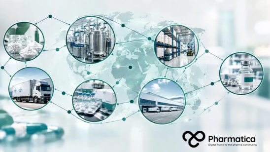Pharmatica image showing a connected pharmaceutical manufacturing and supply chain network linking production, inventory, distribution, and medicine supply.