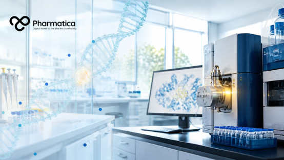Pharmatica image of a modern proteomics laboratory with analytical equipment representing the mapping of healthy human proteins for AI-driven drug discovery.