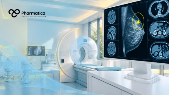 Pharmatica image of a bright radiology suite lit by natural light, with a soft blue imaging display and a glowing yellow highlight representing AI innovation in breast cancer screening.