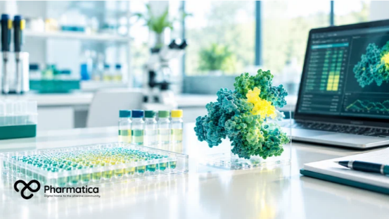 Pharmatica image of laboratory workstation where digital molecular data is reviewed on a screen in a bright pharmaceutical laboratory, representing AI drug discovery.