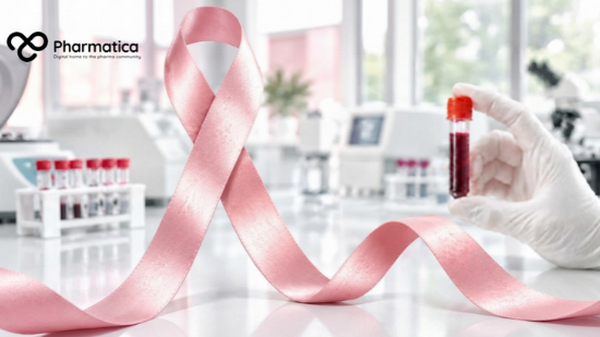 Pharmatica image of a gloved hand holding a blood sample tube in a bright laboratory with red and pink tones and the Pink Breast Cancer Awareness ribbon.