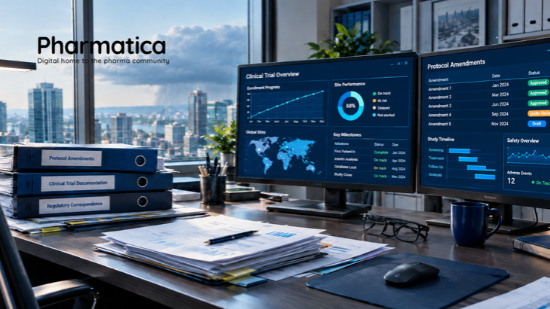 Pharmatica image of a clinical development office with clinical trial protocol amendment files, study documentation, and trial data monitors against a city skyline with an approaching storm.