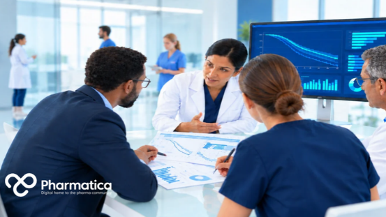 Pharmatica image of clinical trial outcomes charts reviewed in a bright clinical research setting, representing evidence-led decisions in clinical development.