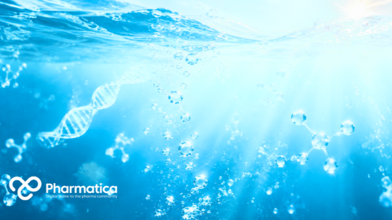  Pharmatica image of a photorealistic light-blue underwater scene with fine bubbles rising through deep water, subtle molecular structures, and pharmaceutical research elements emerging from the depths, illustrating marine-derived compounds and biomedical innovation.