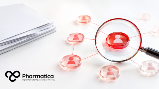 Pharmatica image showing a magnifying lens inspecting a connected pharmacovigilance vendor network beside regulatory documents, with vivid red accents.