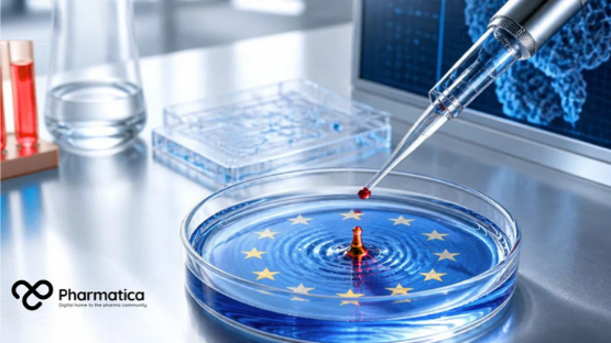 Pharmatica image of a petri dish filled with blue liquid and ringed by twelve gold stars, with a single red drop sending ripples across the surface. It illustrates the EU Biotech Act and the debate over medical AI safeguards.