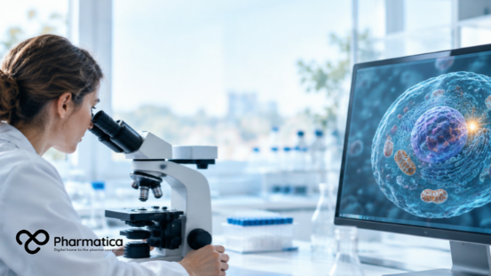 Pharmatica image of a scientist viewing glowing cell imaging data on a screen in a bright laboratory with blue tones and a yellow AI highlight.