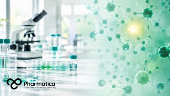 Pharmatica image showing a bright laboratory with a green molecular network and glowing AI node.