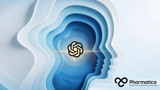 Pharmatica visual featuring a silhouette head in blue layers with a prominent yellow OpenAI logo inside the cranial space, representing OpenAI&rsquo;s MentalHealthBench.